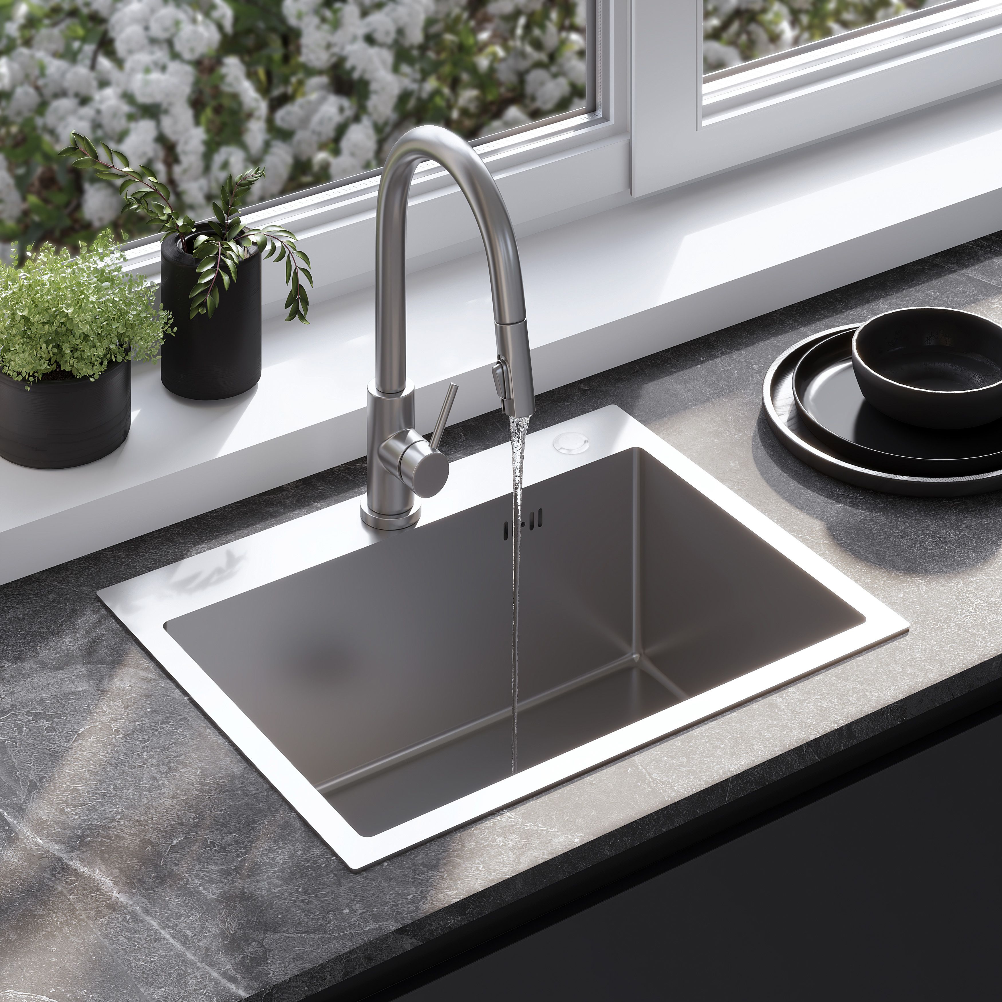 foto del prodotto lavello in acciaio liam brush nickel con rubinetto da cucina