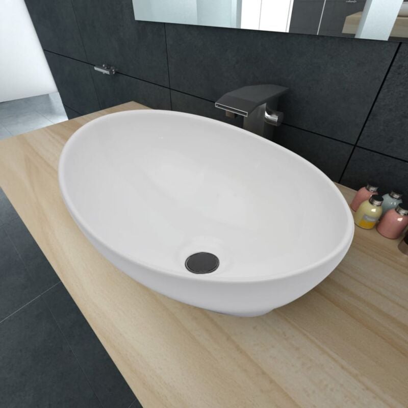 foto del prodotto lavello in ceramica lavandino lavabi da appoggio di lusso bianco ovale 40 x 33 cm