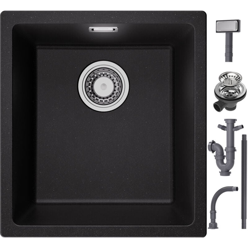 foto del prodotto lavello in quarzo e resina 40x44cm, lavello a 1 vasca in granito grigio nero, lavello da cucina da appoggio incasso sottotop cecipa max
