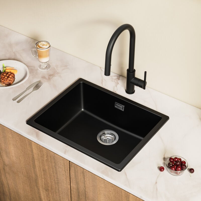 foto del prodotto lavello in quarzo e resina 55x44cm, lavello a 1 vasca in granito grigio nero, lavello da cucina da appoggio incasso sottotop cecipa max