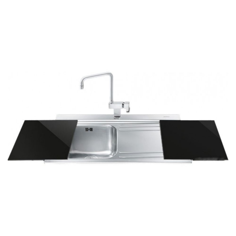 foto del prodotto lavello incasso 1 vasca e gocciolatoio destro con taglieri in vetro nero smeg li91nd inox