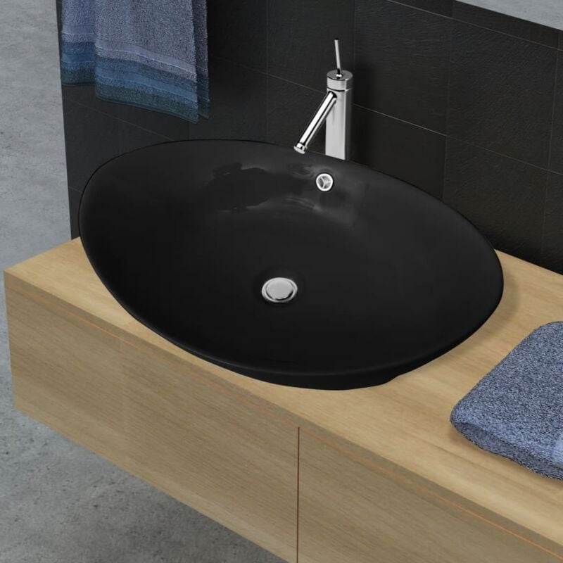 foto del prodotto lavello ovale in ceramica di lusso nero troppopieno 59x38,5 cm vidaxl