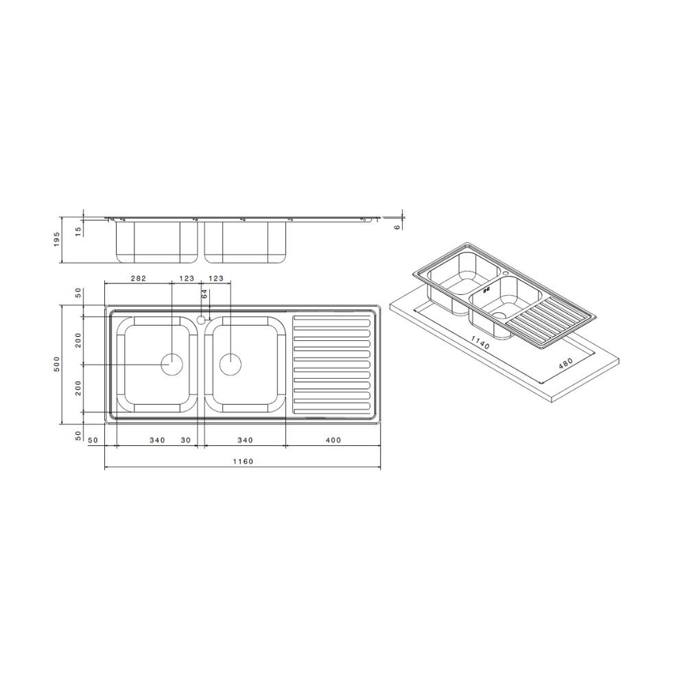 foto del prodotto lavello saxt333a 116x50 cm 2 vasche gocciolatoio sinistro