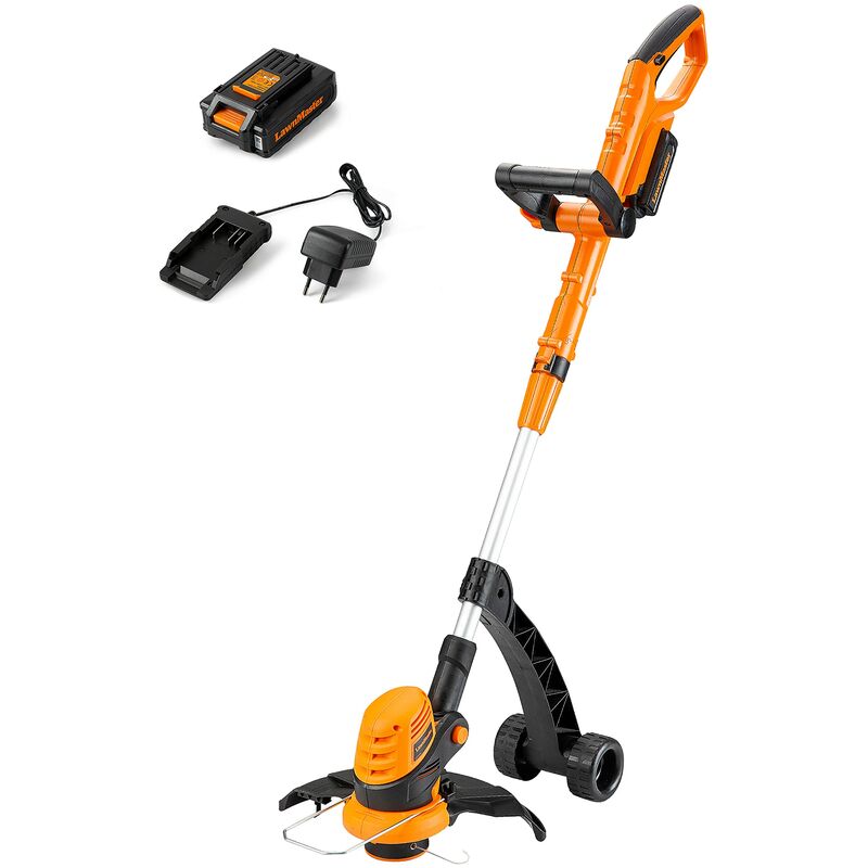 foto del prodotto lawnmaster decespugliatore tagliabordi a batteria 24v 2,0ah, stelo in alluminio regolabile, rasaerba elettrico da giardino, diametro taglio 25 cm e