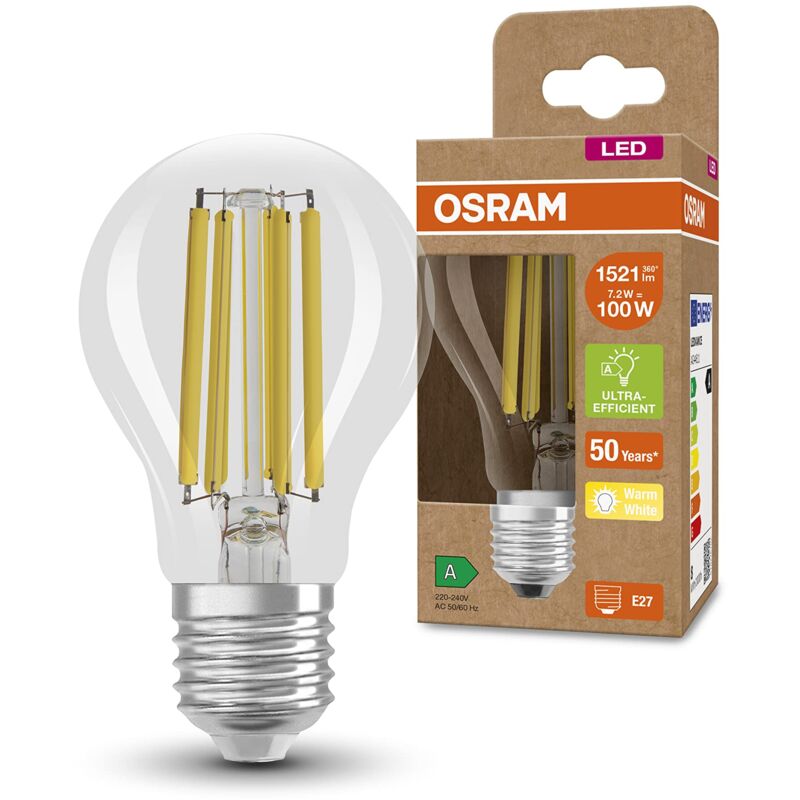 foto del prodotto led a risparmio energetico, lampadina a filamento, e27, bianco caldo 3000k , 7,2 watt, sostituisce la lampadina da 100w, altamente efficiente e a