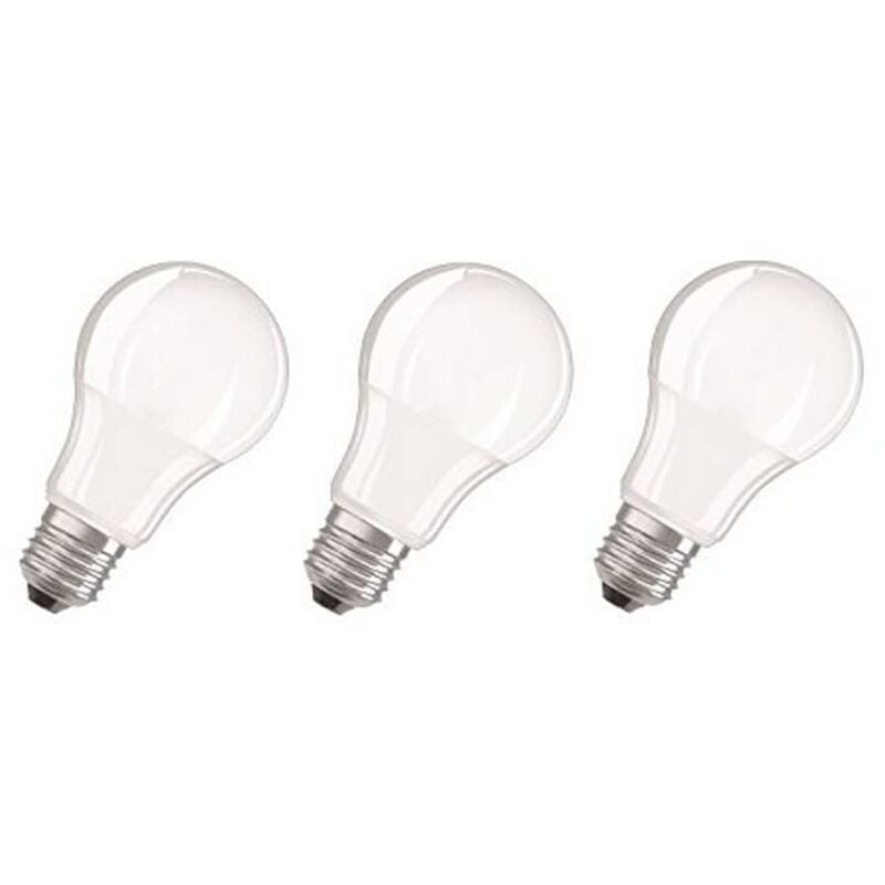 foto del prodotto led base classic a lampadina e27, 8.5w, 60 w, luce bianco caldo, confezione con 3 pezzi osram