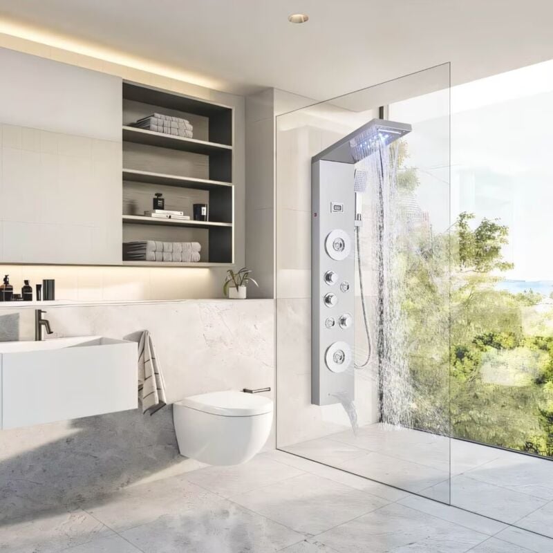 foto del prodotto led colonna doccia idromassaggio miscelatore per vasca con 5 funzioni pannello doccia set in 304 acciaio inox sistema set doccia con soffione