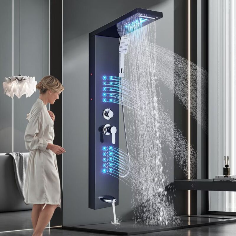 foto del prodotto led colonna doccia idromassaggio onyzpily acciaio inox pannello doccia idromassaggio con soffione fisso,massaggi,doccetta e bocca vasca nera 