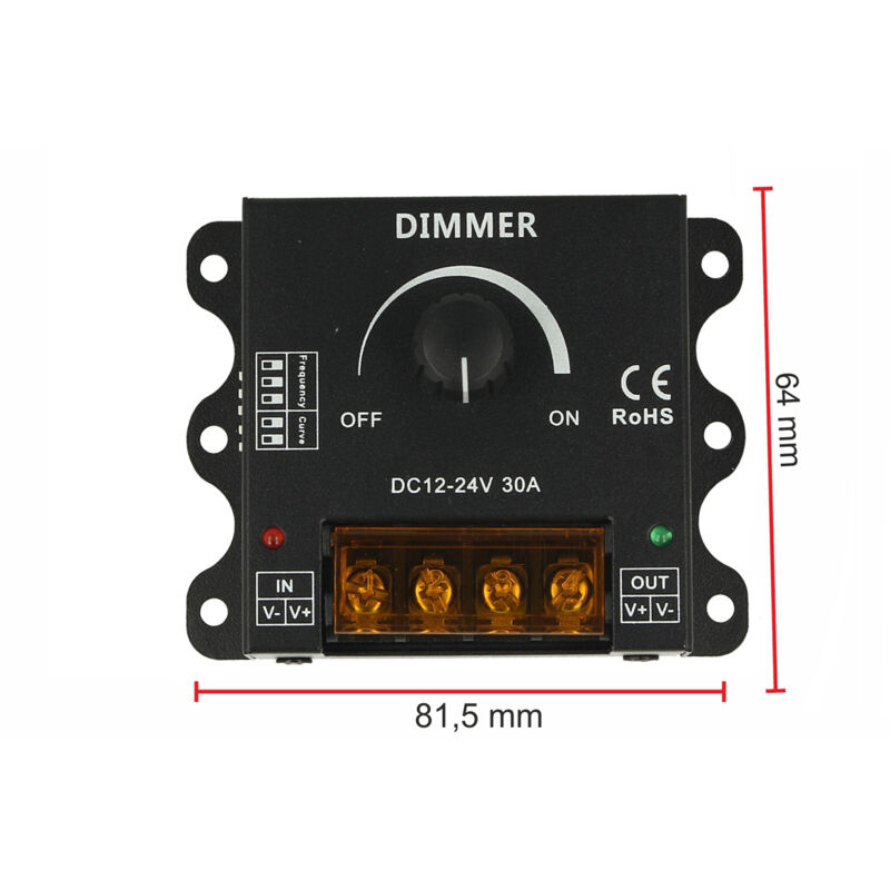 foto del prodotto led dimmer pwm manuale con rotella frequenza e curva regolabile 12v 24v 30a dm110