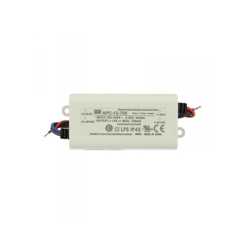 foto del prodotto led driver cc mw mean well apc-12-700 trasformatore 700ma 9v-18v dc 12w corrente costante ip42