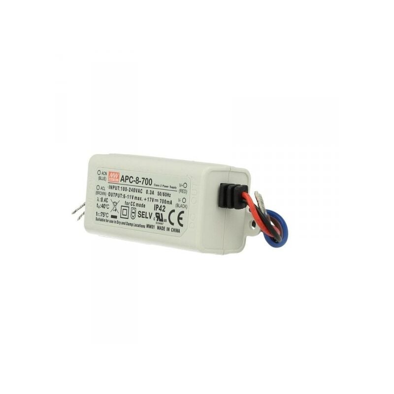 foto del prodotto led driver cc mw mean well apc 8 700 trasformatore 700ma 6v 11v dc 8w corrente costante ip42