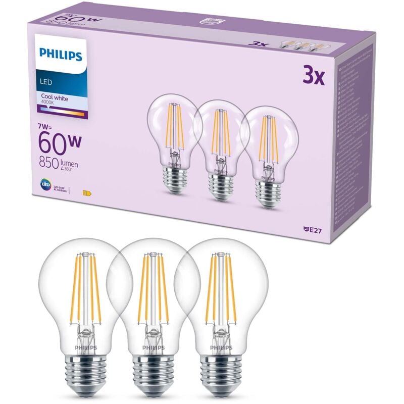 foto del prodotto led e27, confezione da 3 lampadine, equivalente a 60 w, lampadine led filamento, vetro, luce bianca naturale 4000k, led a risparmio energetico con