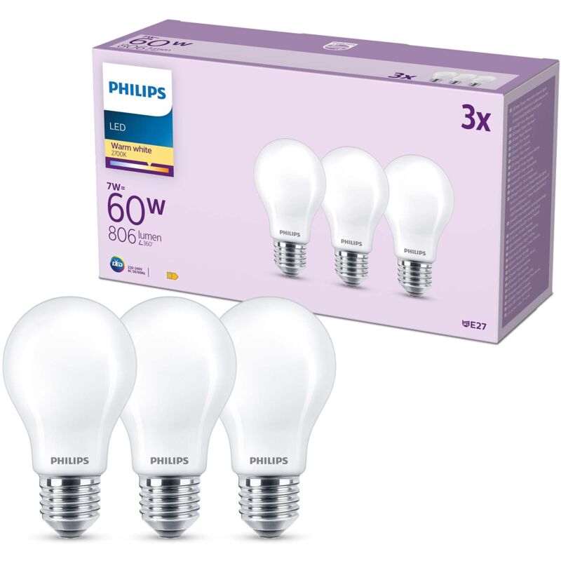 foto del prodotto led e27, confezione da 3 lampadine, equivalente a 60 w, lampadine led smerigliate, vetro, luce bianca calda 2700k, led a risparmio energetico con