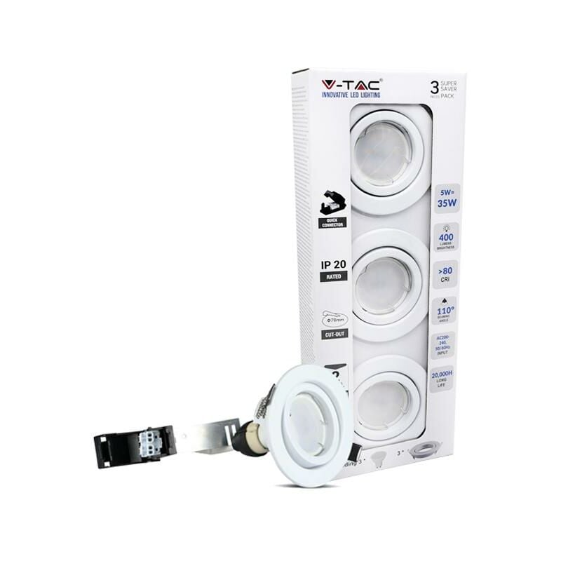 foto del prodotto led faretto 5w gu10 con fitting corpo bianco 3000k 3pcs pack luce calda