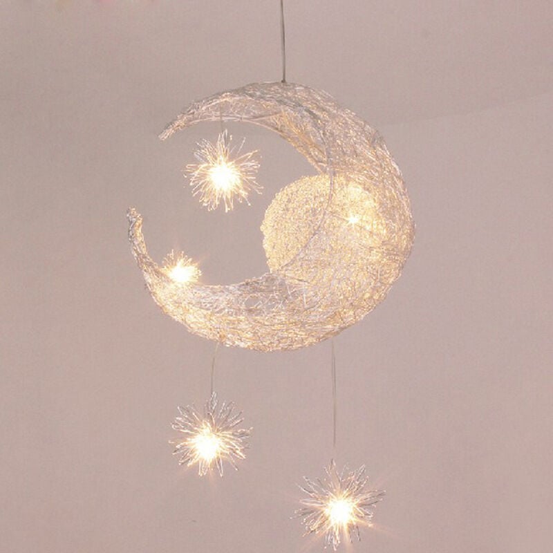 foto del prodotto led lampada a sospensione, luna e stelle lampada da soffitto, plafoniera fata moderna per cameretta dei bambini bianco caldo 