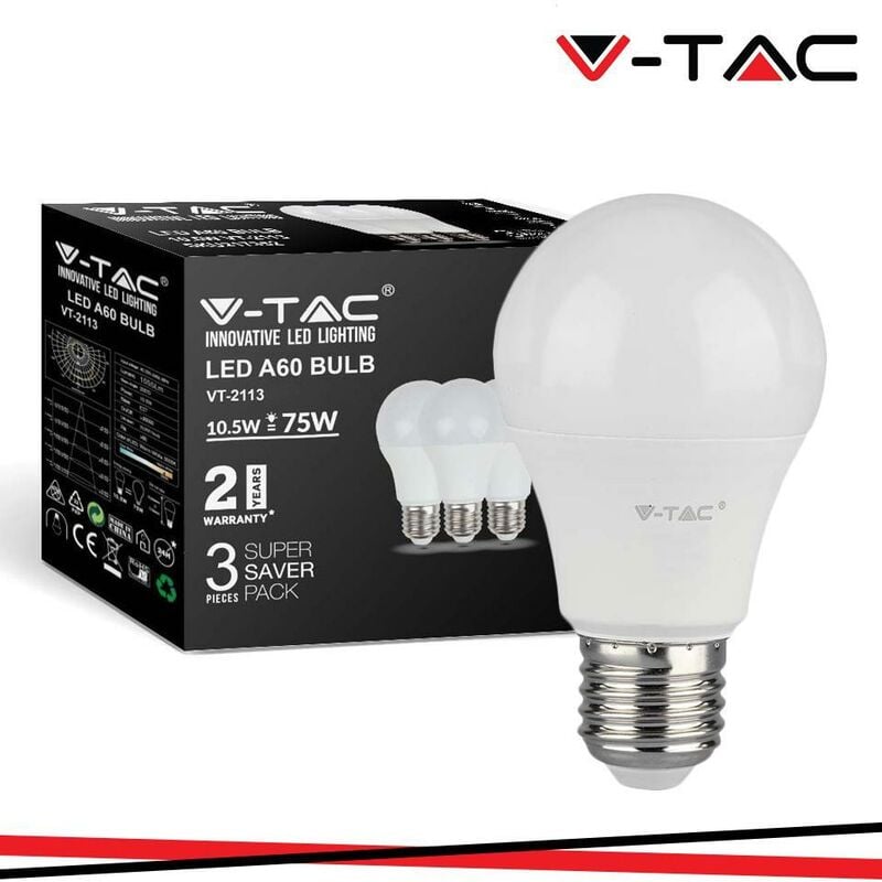 foto del prodotto led lampadina 10.5w e27 a60 thermoplastica 6500k 3pcs pack luce fredda