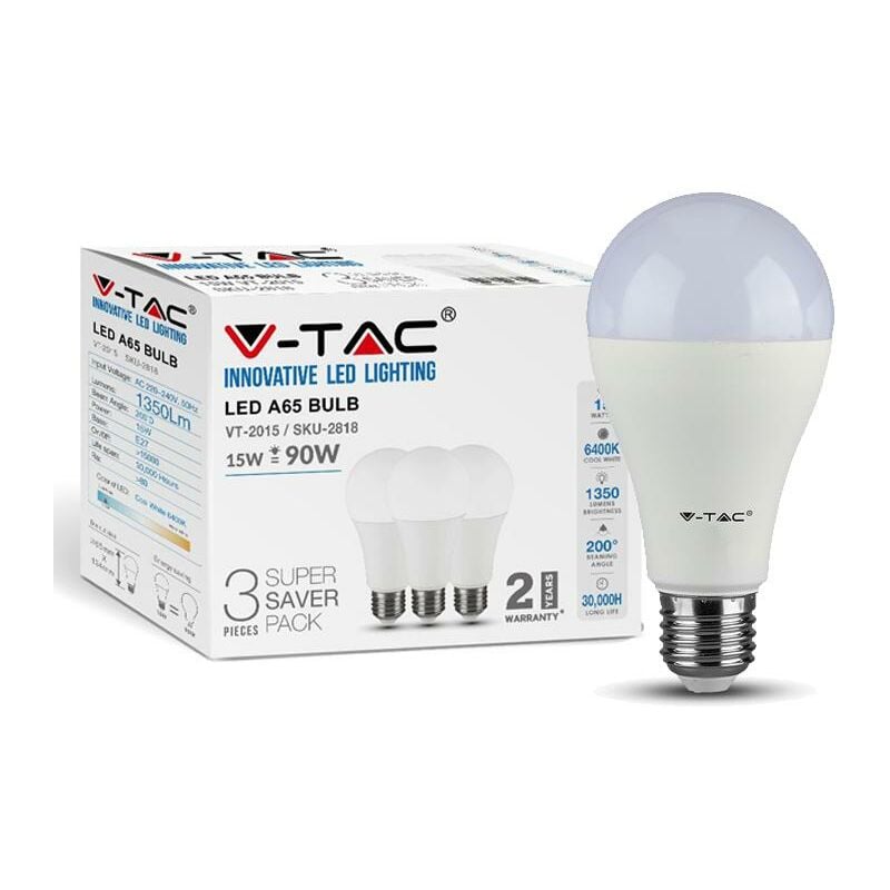 foto del prodotto led lampadina 15w e27 a60 thermoplastica 3000k 3 pcs blister pack luce calda