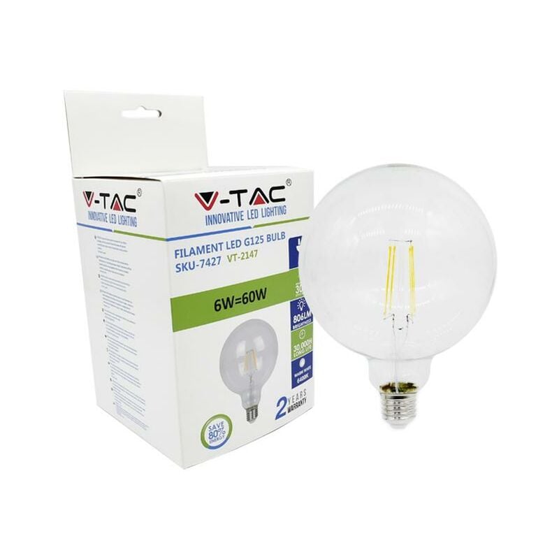 foto del prodotto led lampadina 6w filamento e27 g125 vetro trasparente 6400k luce fredda