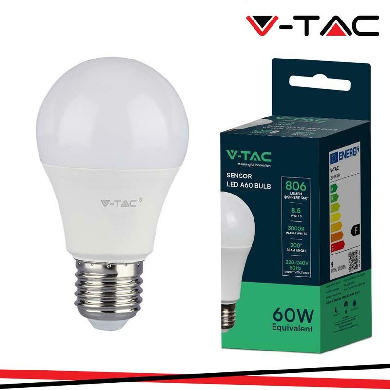 foto del prodotto led lampadina 8.5w e27 a60 plastica sensor 3000k luce calda