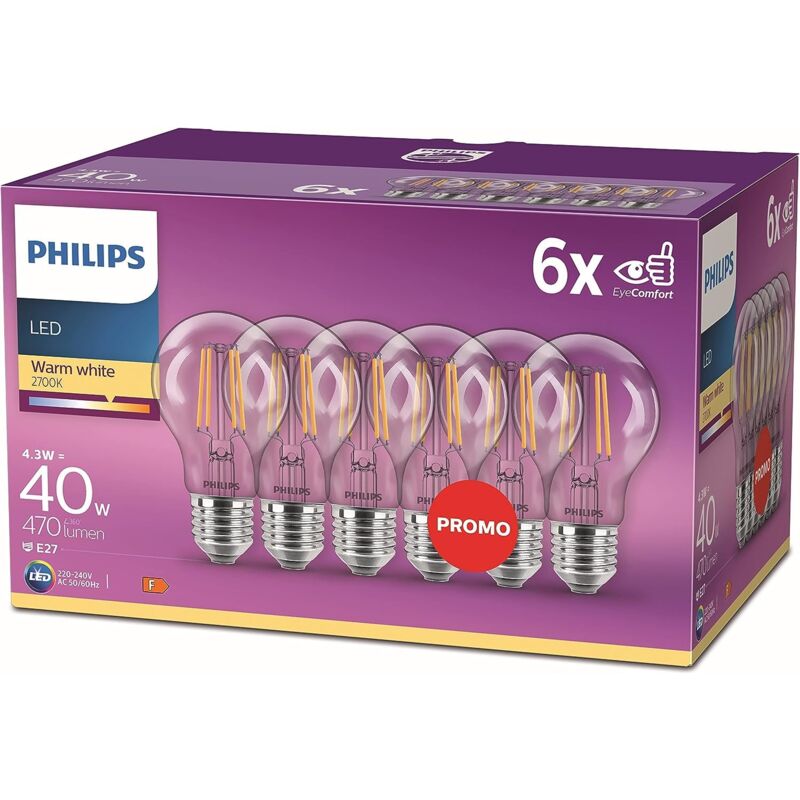 foto del prodotto led lampadina a filamento, 6 pz, 40w, attacco e27, luce bianca calda, non dimmerabile philips