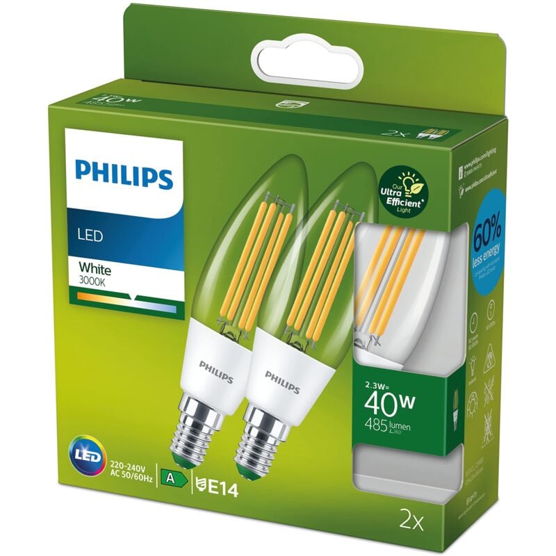 foto del prodotto led lampadina classe a ultra efficiente a risparmio energetico, 40w, 2 pezzi, luce naturale, attacco e14 philips