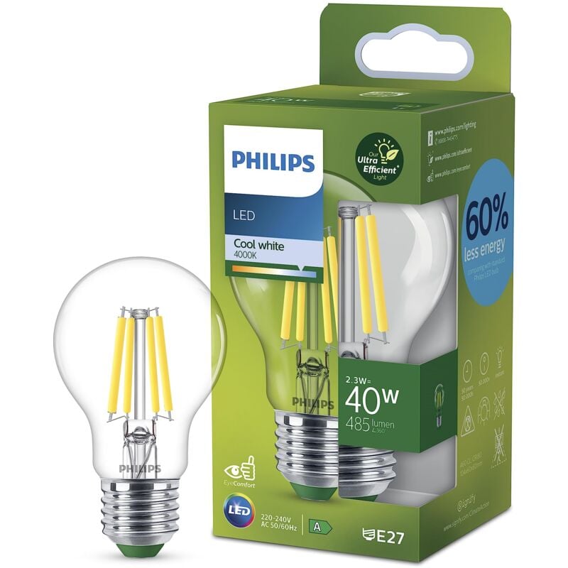 foto del prodotto led lampadina goccia a filamento classe a, 40w, e27, luce bianca fredda, non dimmerabile philips