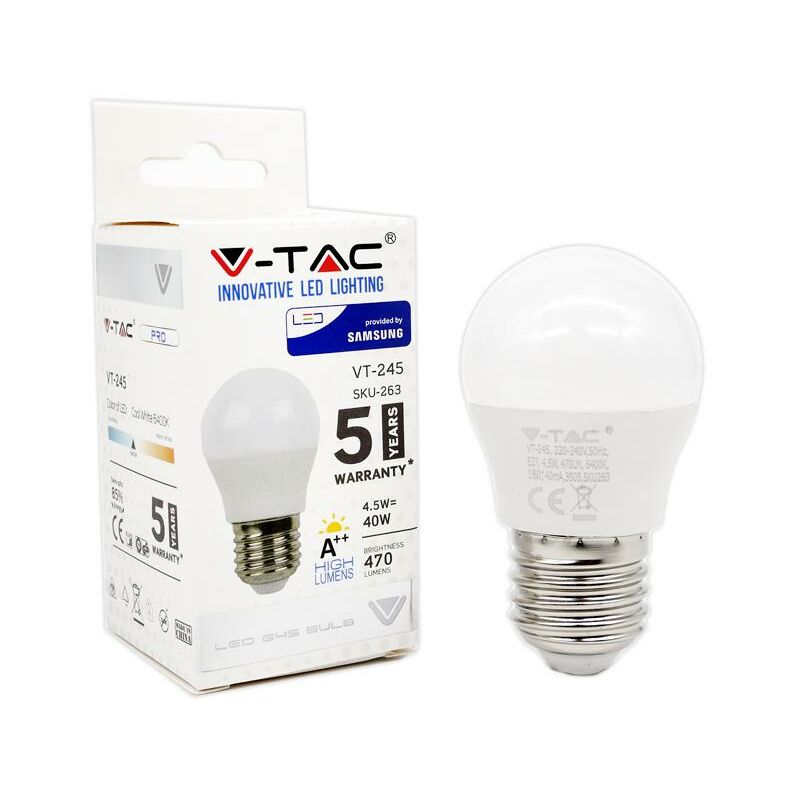 foto del prodotto led lampadina samsung chip 4.5w e27 a g45 plastica 6400k luce fredda