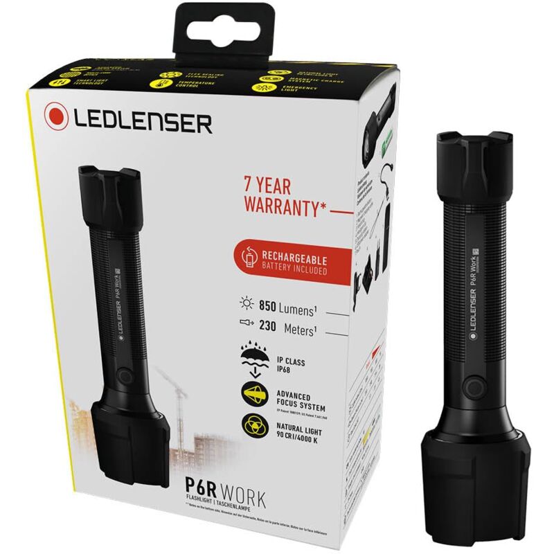 foto del prodotto led lenser ledlenser p6r work robust torcia frontale led, batteria al litio 18650 ricaricabile, impermeabile ip68, 850 lumen, high cri, const.