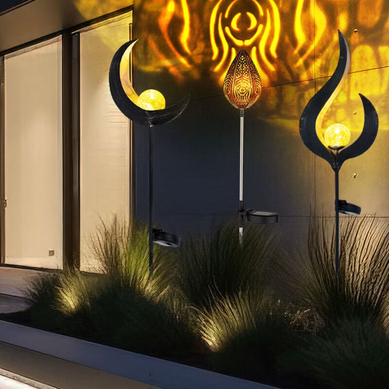 foto del prodotto led luce solare luna vetro globo lampada solare fiamma lampada da esterno solare goccia effetto fuoco, metallo picco terra, 1x luna 1x fiamma 1x