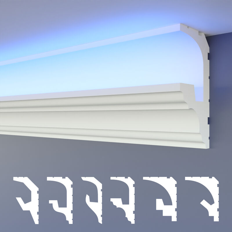 foto del prodotto led modanature per stucchi 2in1, soffitti a illuminazione indiretta xps polistirene hled 6 49x95 mm, 1.7 metri 1 leiste heximo