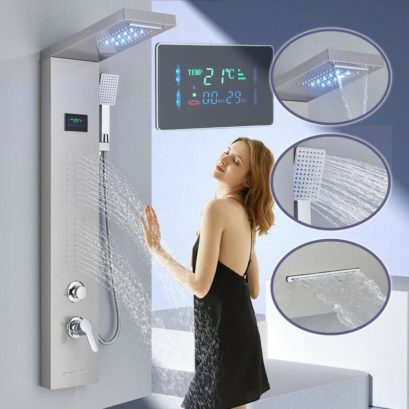 foto del prodotto led pannello doccia con miscelatore in acciaio inox 304 colonna doccia idromassaggio miscelatore con 5 funzioni, per bagno, facile da installare