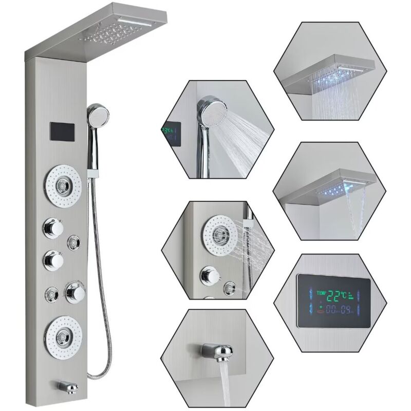 foto del prodotto led pannello doccia in acciaio inox , con doccia a pioggia, doccia massaggiante, doccia a cascata, doccetta, acciaio inox spazzolato per il lusso del
