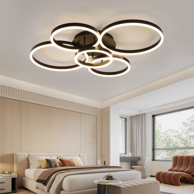 foto del prodotto led plafoniera soggiorno 78w lampada da soggiorno dimmerabile con telecomando 5 anelli nero camera da letto moderna plafoniera acrilica per ufficio