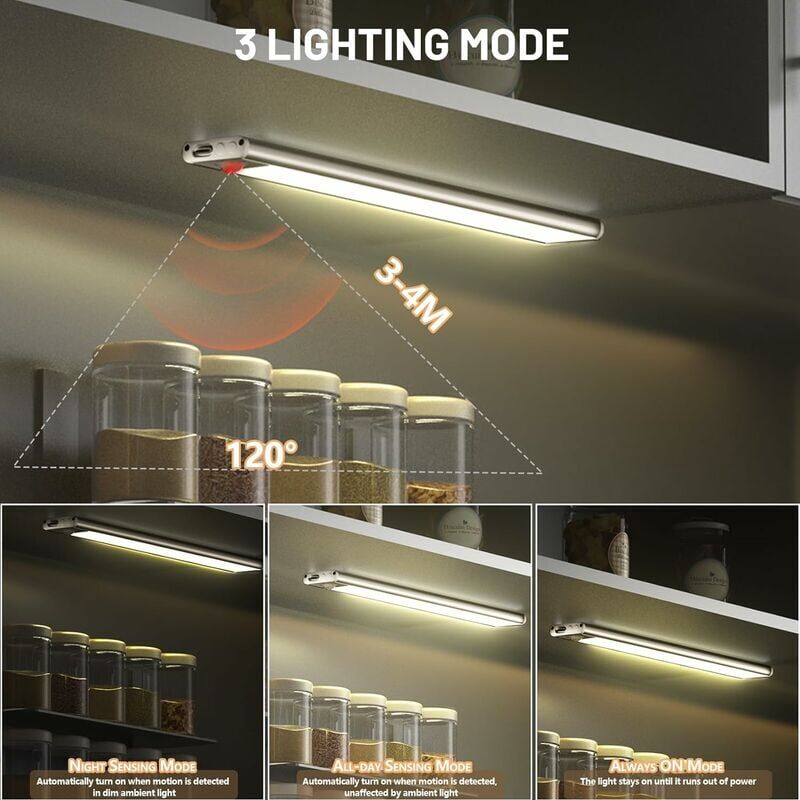 foto del prodotto led sensore di movimento luce per interni, 54 led luci sottopensile per cucina, striscia led ricaricabile usb da 1500 mah, 3 modalit colore,