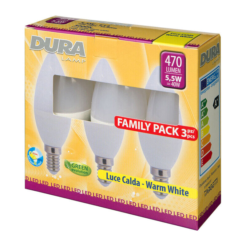 foto del prodotto led set 3 oliva w5,5e14 lumen470 3000k calda. prezzo per 1 pezzo.
