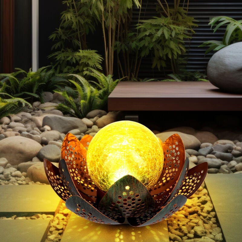 foto del prodotto led solare fiore di loto lampada deco palla crackle vetro esterno giardino faretto fiore terrazza balcone luce verde oro