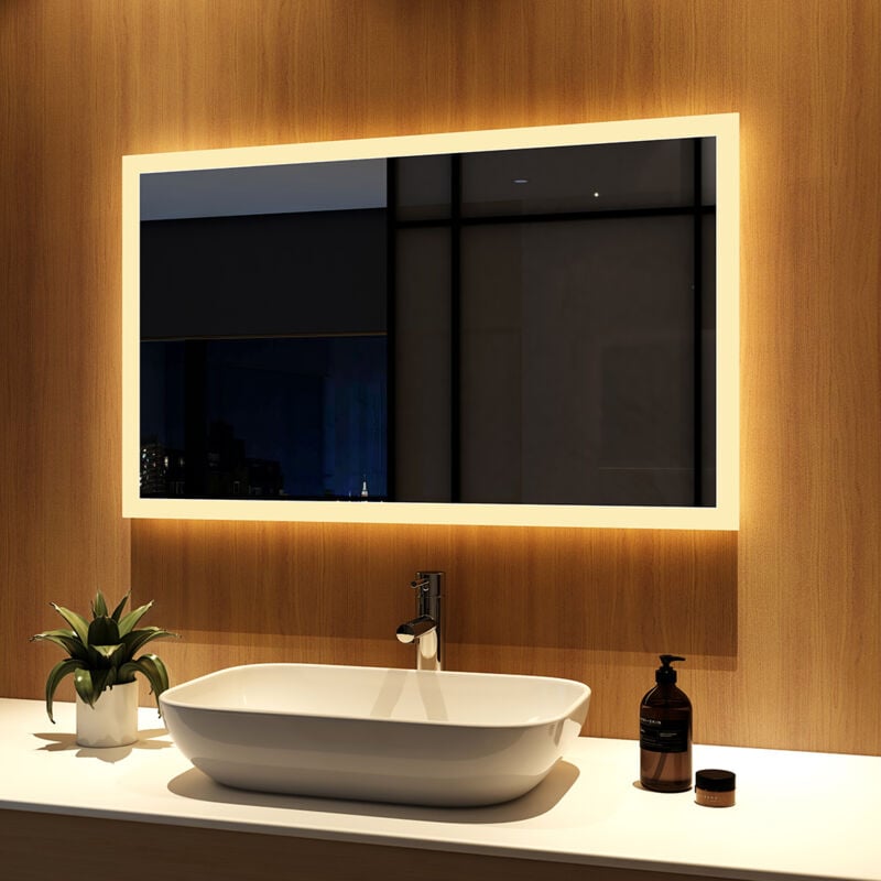 foto del prodotto led specchio da bagno, illuminato specchio bagno ip44 lampada a risparmio di energia 100x60cm interruttore a parete controllo meykoers