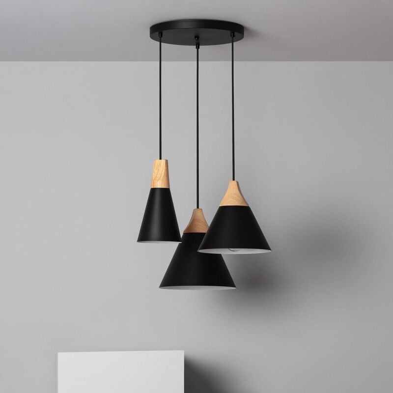 foto del prodotto ledkia lampada a sospensione metallo e legno dustin nero