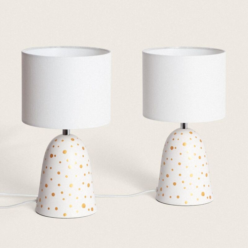 foto del prodotto ledkia pack di 2 lampade da tavolo in ceramica e tessuto argua avorio