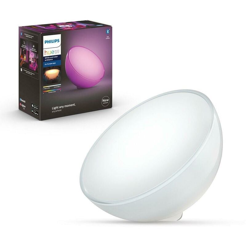 foto del prodotto ledkia philips hue luce hue go rgb che puo funzionare sia collegata all alimentazione sia portatile a batteria autonomia 4 6 ore 915005821901