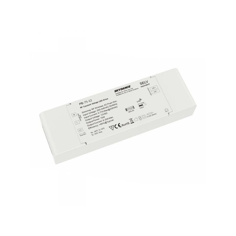 foto del prodotto ledlux alimentatore dimmerabile cv 12v 75w con pulsante n.o. e telecomando rf 2.4g per striscia led 12v pb 75 12