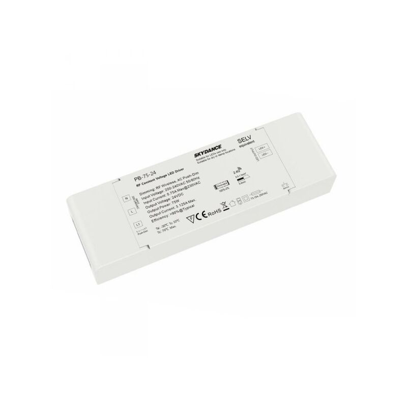 foto del prodotto ledlux alimentatore dimmerabile cv 24v 75w con pulsante n.o. e telecomando rf 2.4g per striscia led 24v pb 75 24