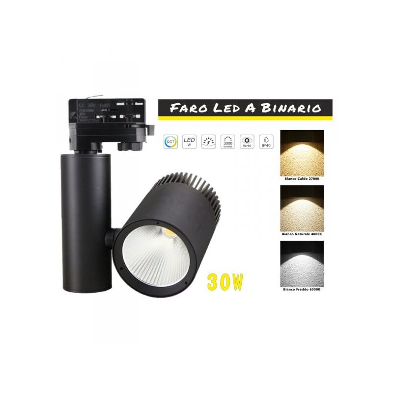 foto del prodotto ledlux faro lampada led a binario 30w trifase cct cri 90 carcassa nera 2700k 4000k 6000k 3 in 1 luce stretta 24 gradi
