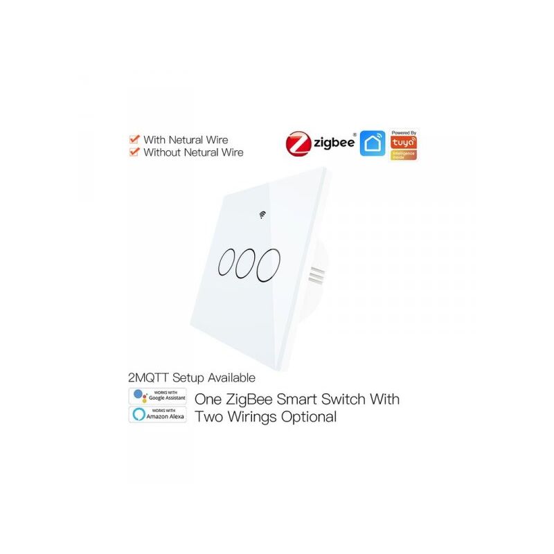 foto del prodotto ledlux zigbee interruttore smart da parete con 3 tasti touch con pannello in cristallo app tuya colore bianco scatola 503