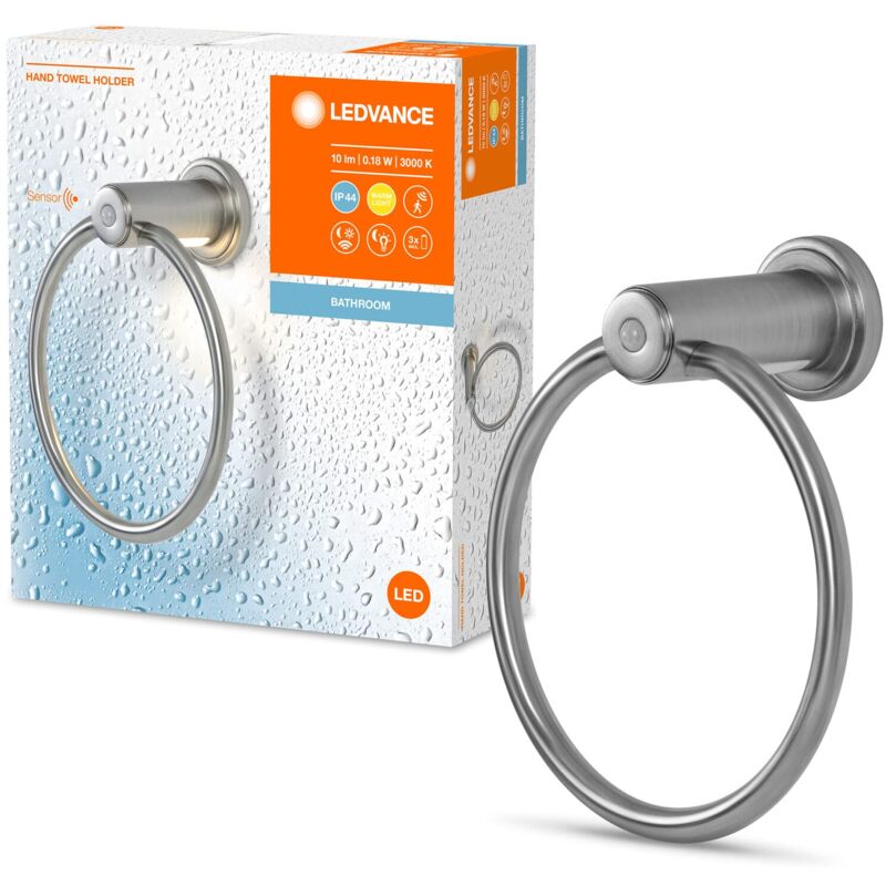 foto del prodotto ledvance bathroom portasciugamani con luce notturna, 0,18w, 10lm, luce bianca calda 3000k, batteria inclusa, sensore di luce diurna e di movimento,