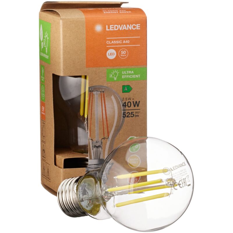 foto del prodotto ledvance lampada a risparmio energetico a led, lampadina a filamento di vetro, e27, bianco caldo 3000k , 2,5 watt, sostituisce la lampadina da 40w,
