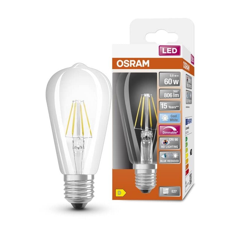 foto del prodotto ledvance lampada led dimbare edison kolbenform, 5,8 w, bianco freddo