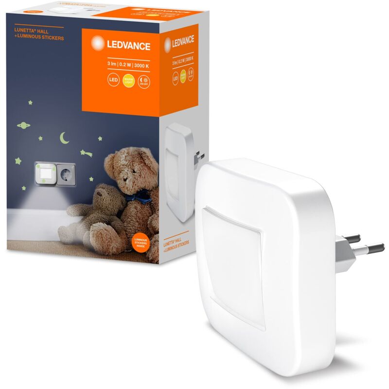 foto del prodotto ledvance nightlux lunetta hall argento, luce d atmosfera per la presa di corrente, fornisce un illuminazione sicura al buio, con sensore di luce