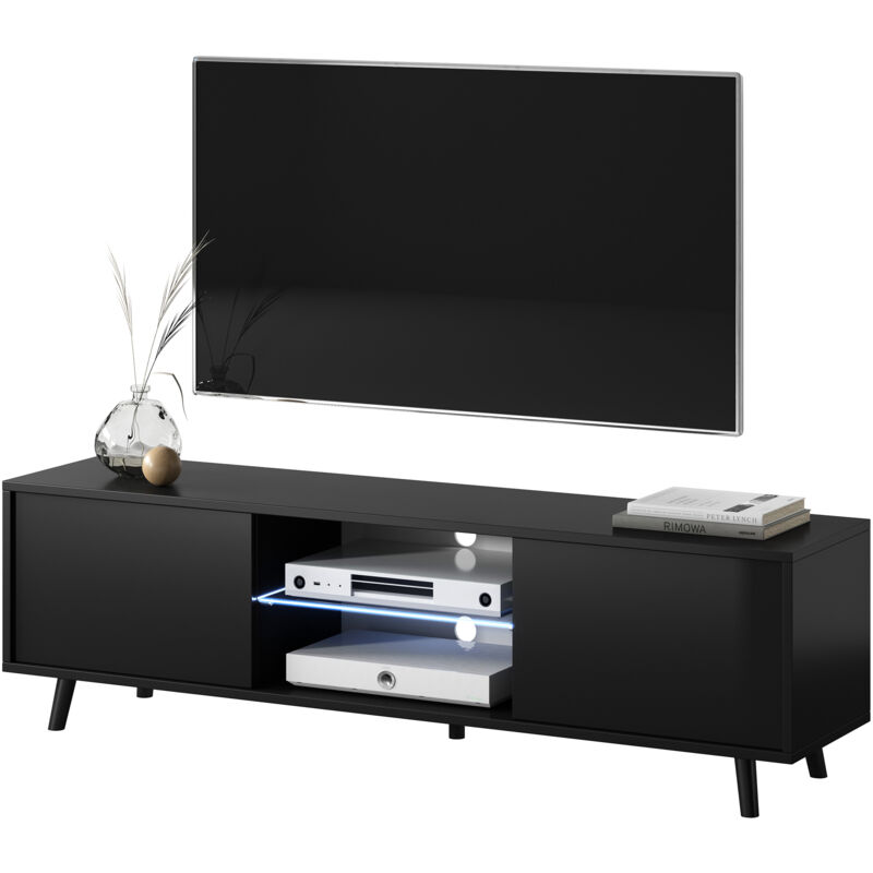 foto del prodotto lefyr mobile tv in stile scandinavo tavolino tv per salotto porta tv minimalista luci led 140 cm nero opaco nero lucido selsey