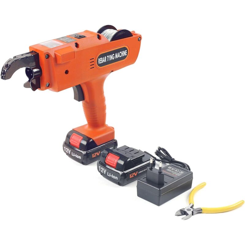 foto del prodotto legatrice elettrica rebar da 12 v, con scatola di immagazzinaggio, 2 batterie agli ioni di litio, lunghezza del filo di 300 500 mm arancione 